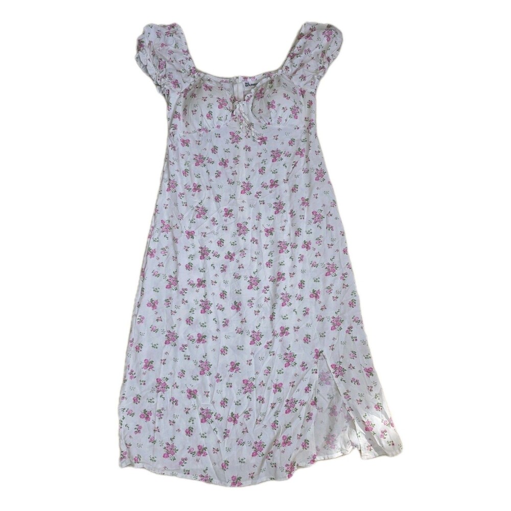 No Boundaries White Floral Rose Midi Dress Puff Sleeves Size S 4-6